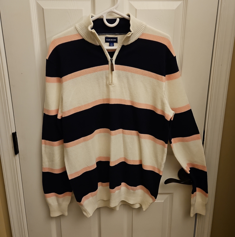 Club Room Striped Half-Zip Sweater | Navy, Cream & Pink